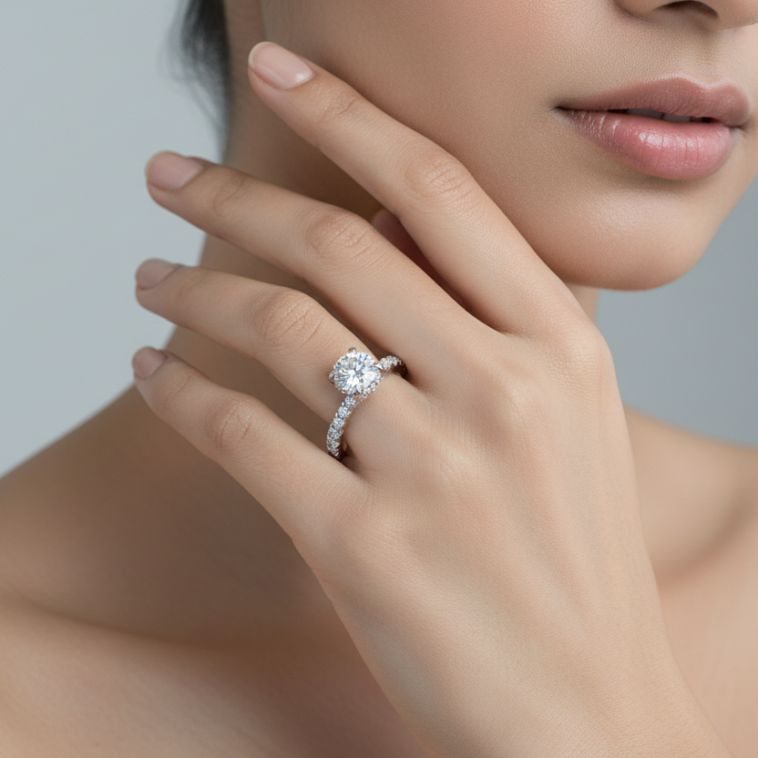 Generated image of an Indian female model wearing the white gold four-prong round brilliant solitaire engagement ring with hidden micro-pavé halo under-gallery and full pavé diamond band