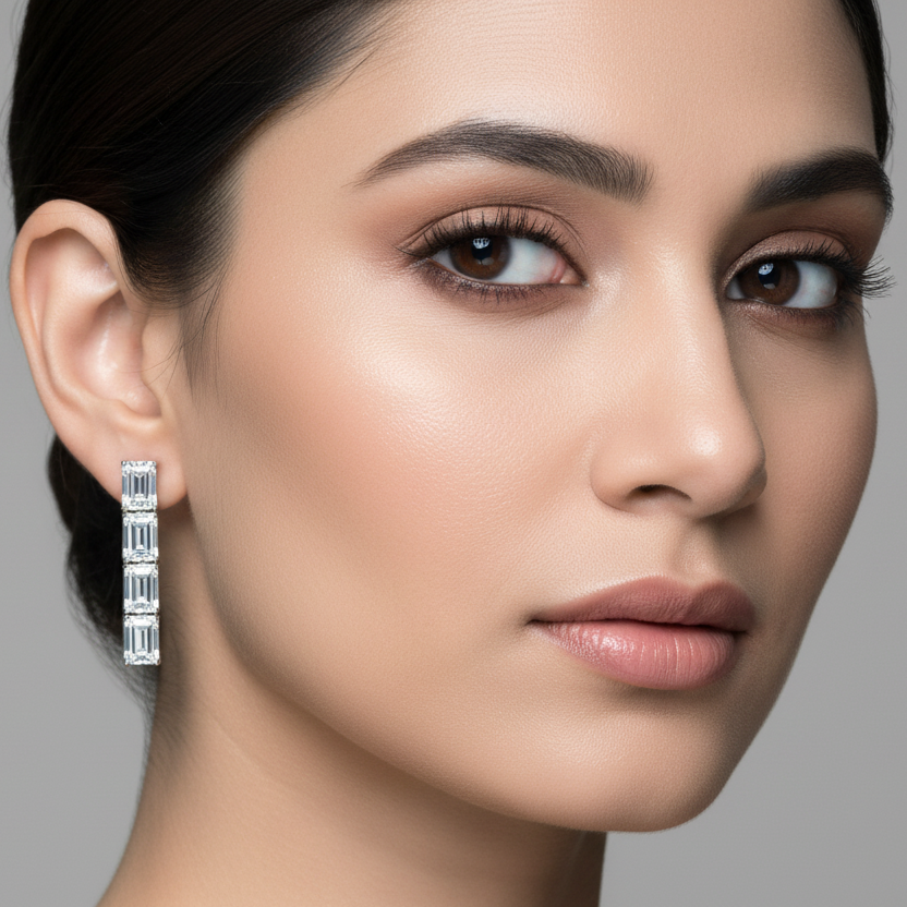 Generated image of an Indian female model wearing the white gold four-stone emerald-cut diamond linear drop earrings