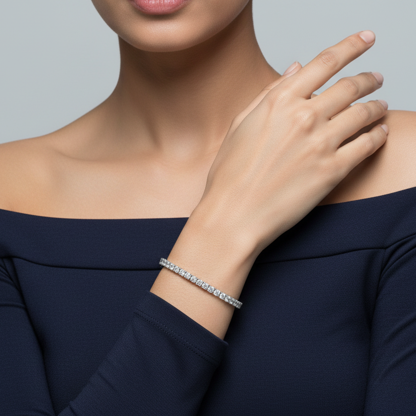 Generated image of an Indian female model wearing the white gold full diamond tennis bracelet