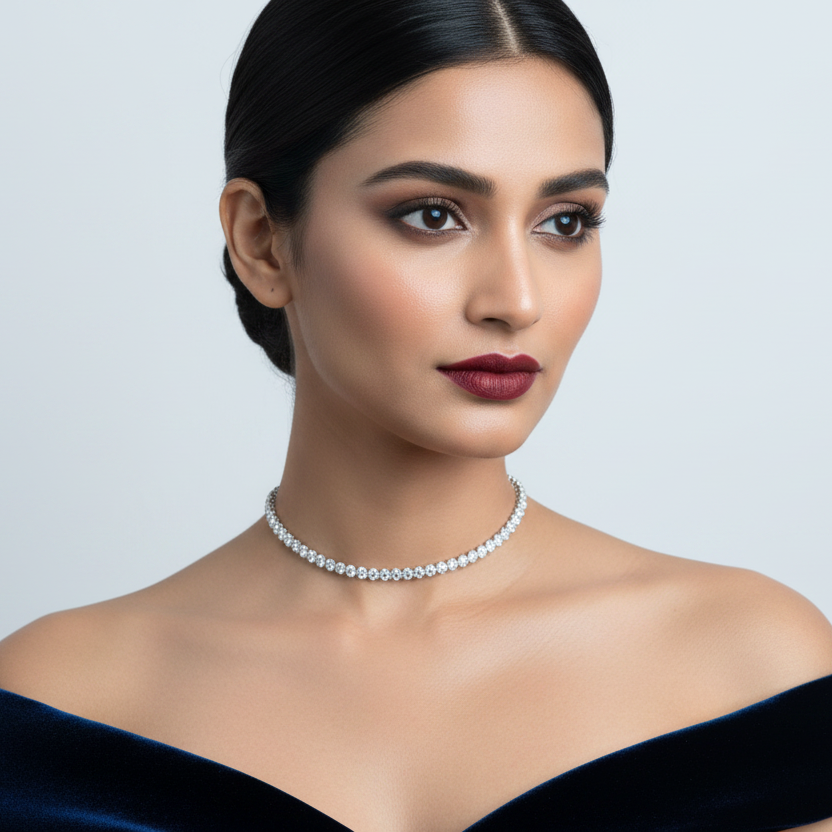 Generated image of an Indian female model wearing the white gold full diamond tennis necklace
