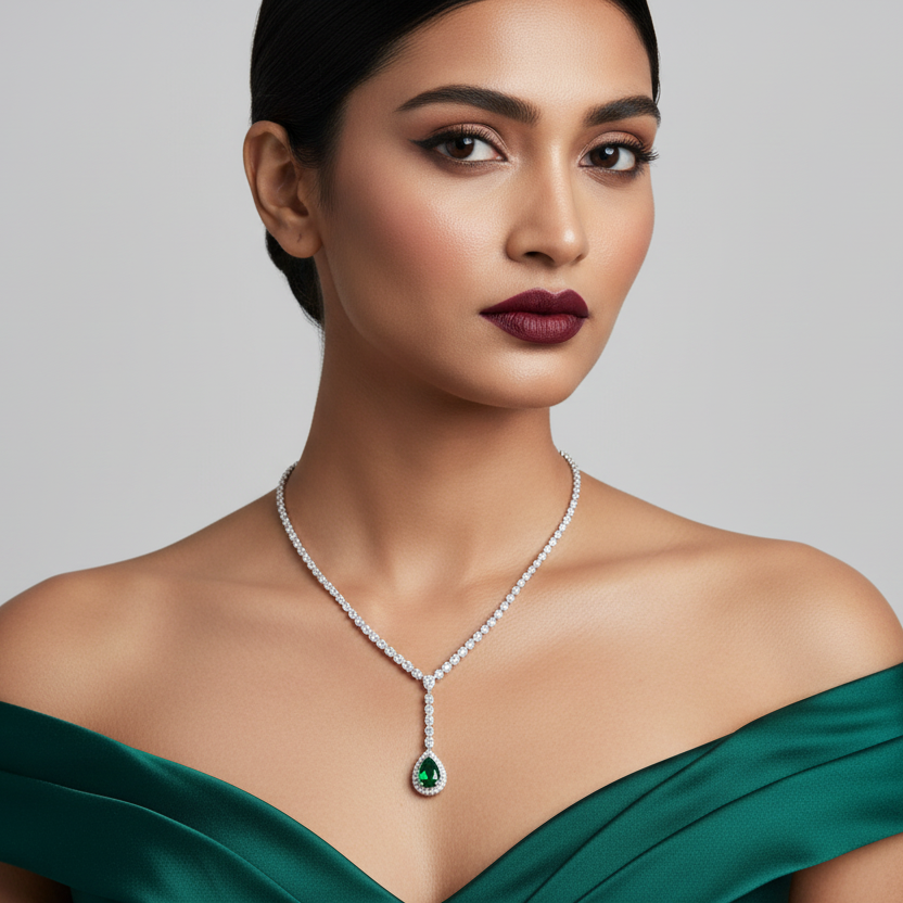 Generated image of an Indian female model wearing the white gold graduating diamond tennis Y-necklace with vivid green pear emerald diamond halo pendant drop
