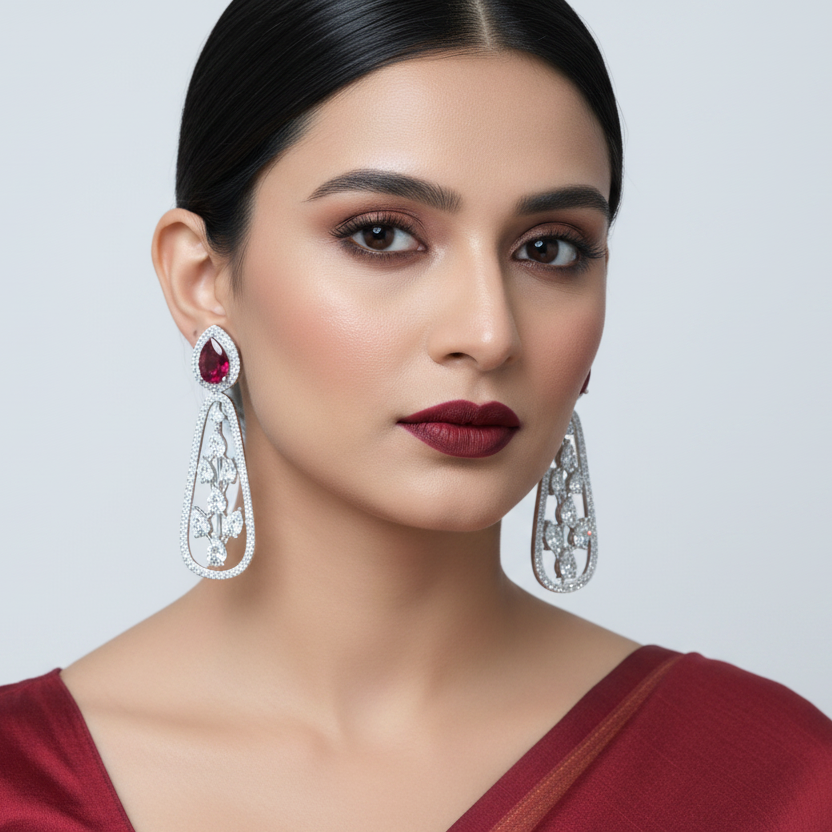 Generated image of an Indian female model wearing the white gold pear ruby halo stud top with open diamond botanical vine teardrop drop earrings in a very small petite size