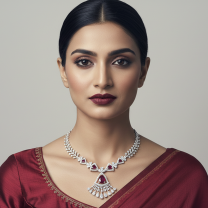 Generated image of an Indian female model wearing the white gold ruby and diamond botanical vine necklace with spectacular fan drop pendant