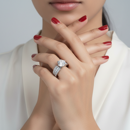 Generated image of an Indian female model wearing the white gold six-claw round brilliant diamond solitaire with dramatic wide triple-row channel pavé diamond shank and open geometric diamond lattice cutwork inner shank