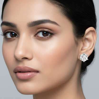 Generated image of an Indian female model wearing the white gold six-prong round brilliant diamond solitaire stud earrings