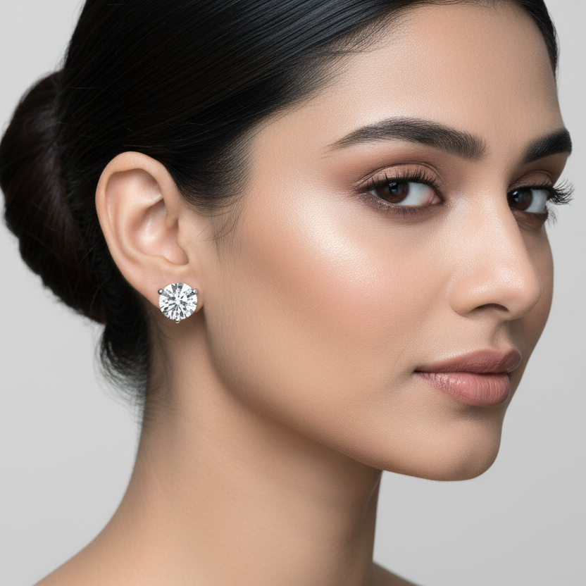 Generated image of an Indian female model wearing the white gold three-prong round brilliant diamond martini solitaire stud earrings