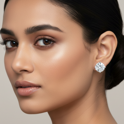 Generated image of an Indian female model wearing the white gold three-prong round brilliant diamond martini solitaire stud earrings