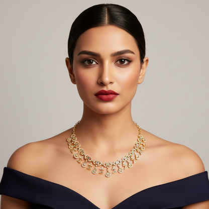 Generated image of an Indian female model wearing the yellow gold Art Deco architectural totem fringe necklace with repeating geometric motifs and mixed-cut diamond drops