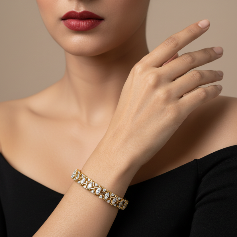 Generated image of an Indian female model wearing the yellow gold Art Deco interlocking circle and marquise diamond lattice bangle with round brilliant diamond rails