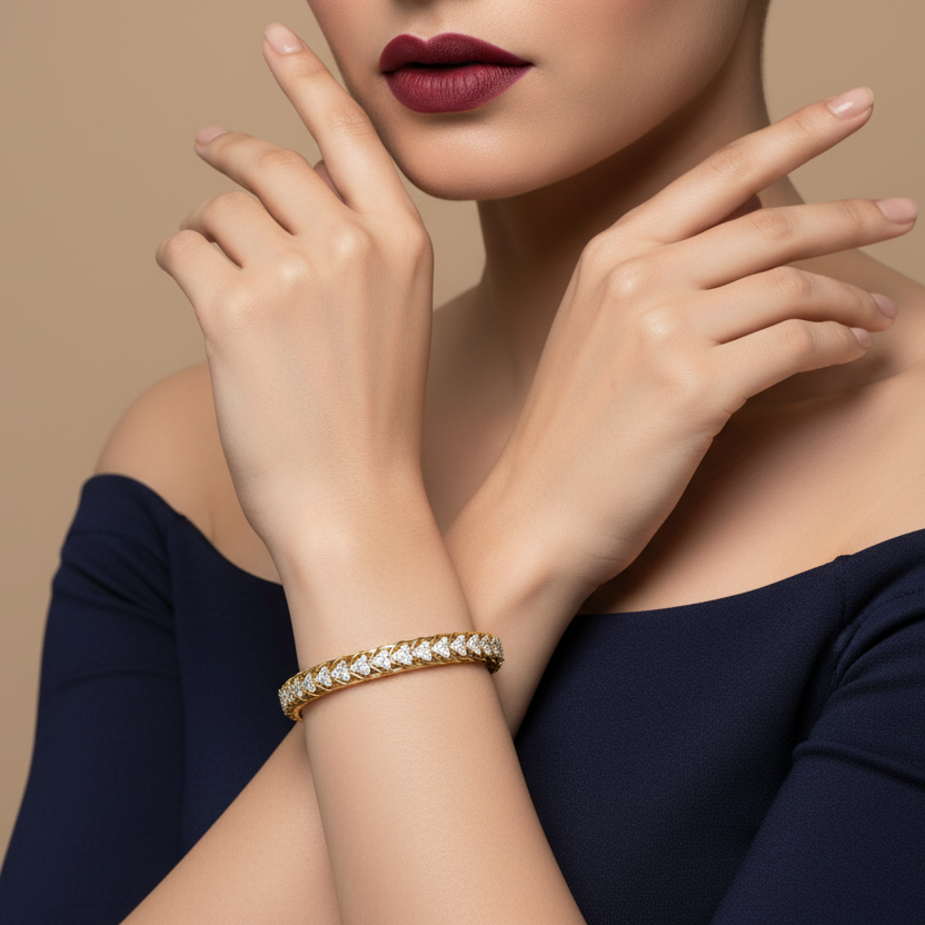 Generated image of an Indian female model wearing the yellow gold continuous chevron arrow pavé diamond bangle bracelet