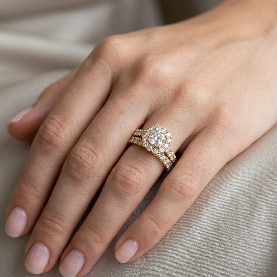 Close-up of a hand wearing a diamond ring on a neutral background