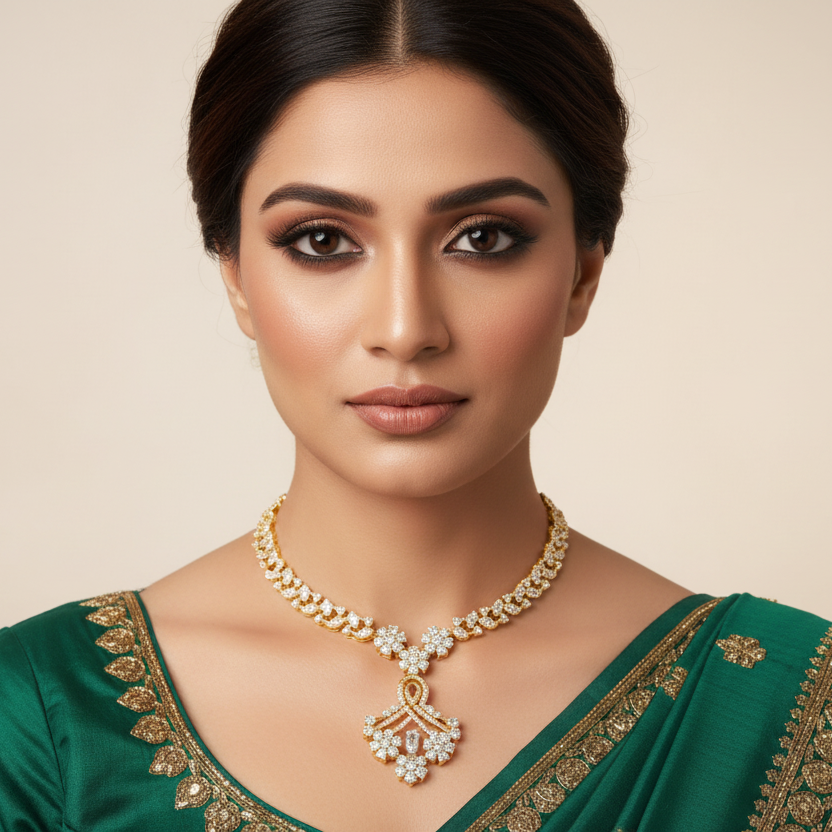 Generated image of an Indian female model wearing the yellow gold diamond cluster link necklace with magnificent floral diamond drop pendant