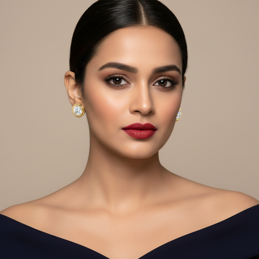 Generated image of an Indian female model wearing the yellow gold double-bezel round brilliant diamond solitaire stud earrings