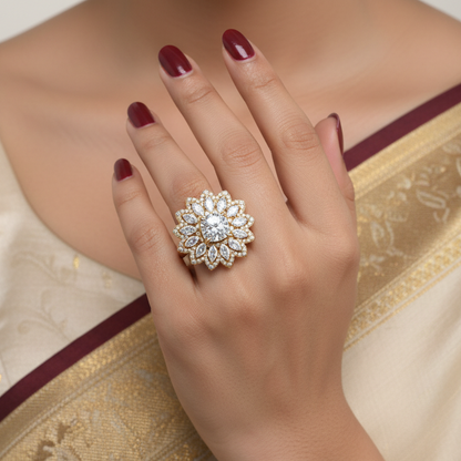 Generated image of an Indian female model wearing the yellow gold double-halo lotus flower cluster ring with large cushion-cut diamond centre, double rows of marquise diamond petals and pavé diamond petal tips