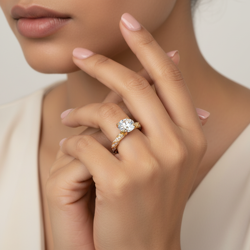 Generated image of an Indian female model wearing the yellow gold four-claw round brilliant diamond solitaire engagement ring with intricate twisted vine and pavé diamond eternity shank