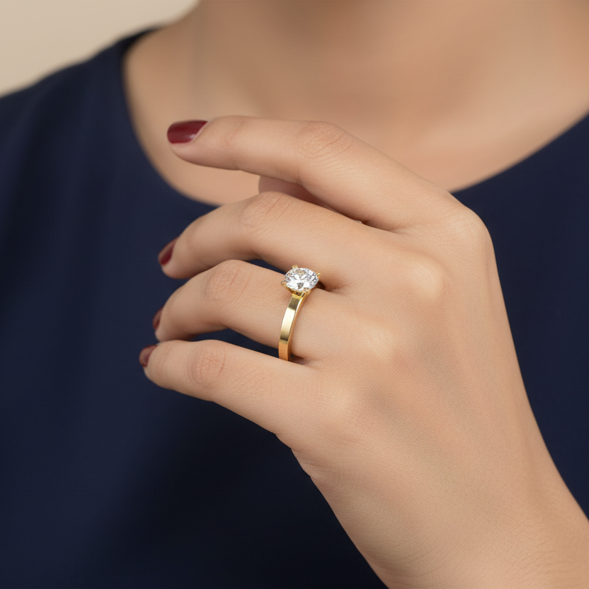 Generated image of an Indian female model wearing the yellow gold four-claw round brilliant diamond solitaire engagement ring with wide flat-sided double-groove architectural shank