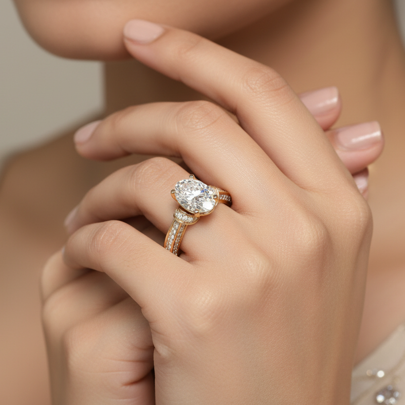 Generated image of an Indian female model wearing the yellow gold four-prong oval-cut diamond solitaire engagement ring with double-row pavé diamond cathedral band