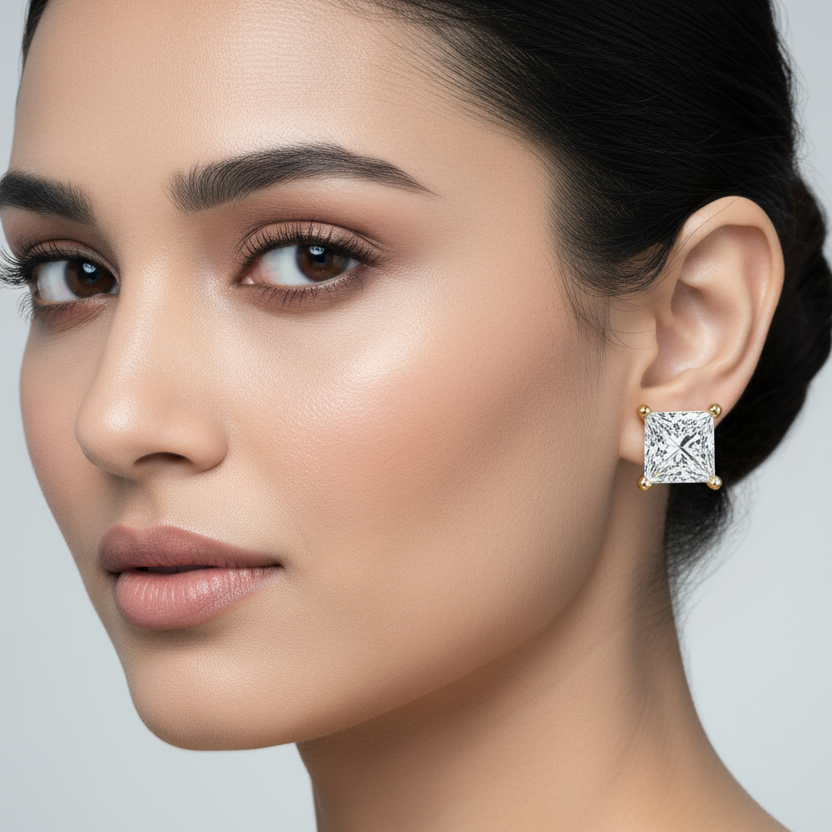 Generated image of an Indian female model wearing the yellow gold four-prong princess-cut diamond solitaire stud earrings