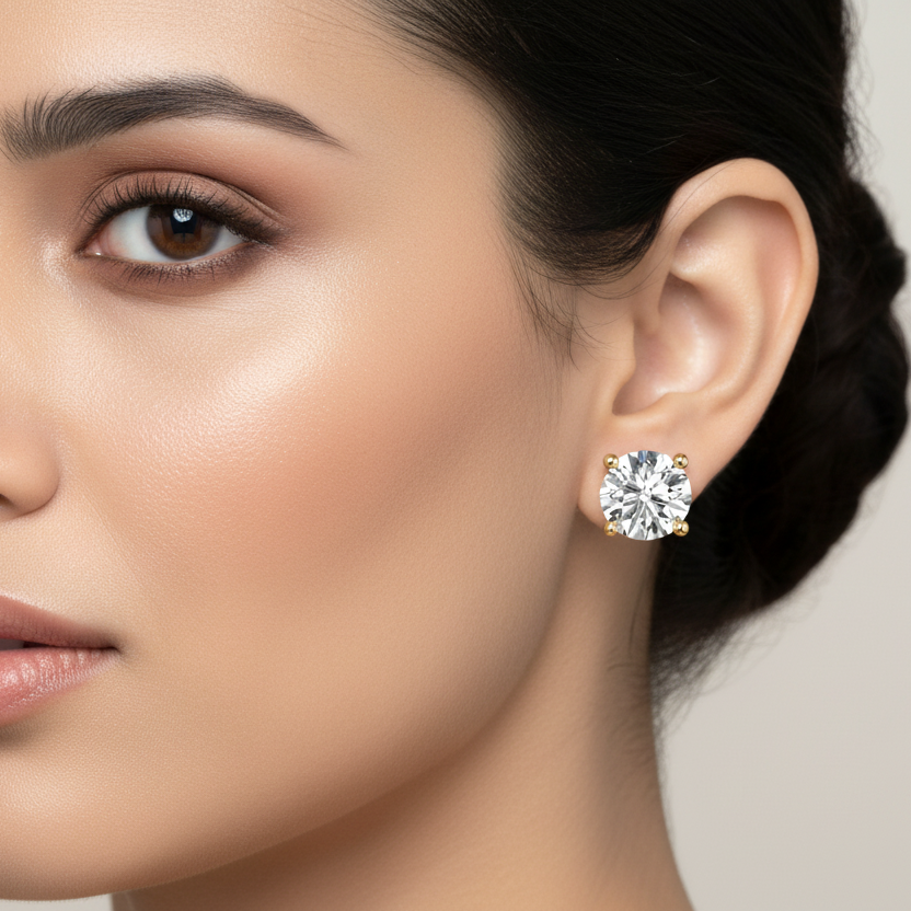 Generated image of an Indian female model wearing the yellow gold four-prong round brilliant diamond solitaire stud earrings