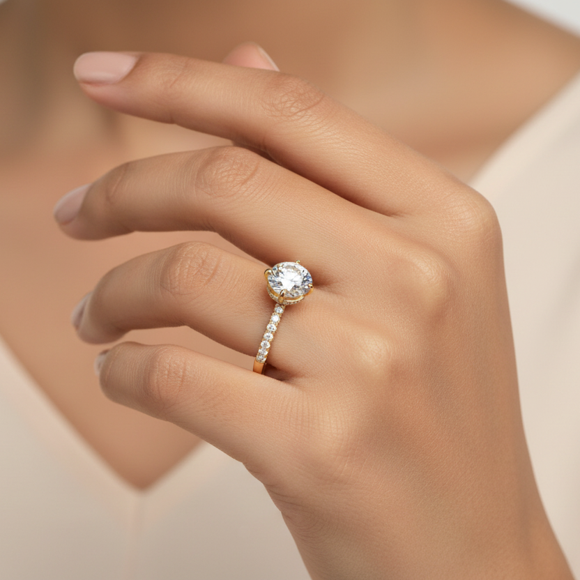 Generated image of an Indian female model wearing the yellow gold four-prong round brilliant solitaire engagement ring with hidden micro-pavé halo under-gallery and graduating pavé diamond band