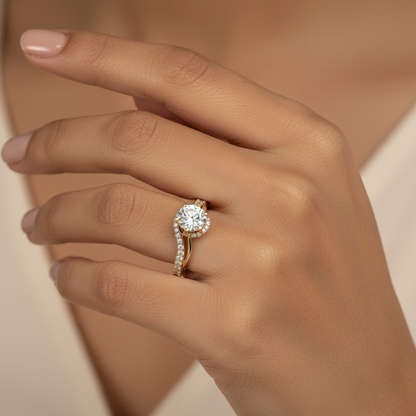 Generated image of an Indian female model wearing the yellow gold four-prong round brilliant solitaire engagement ring with hidden pavé halo under-gallery and split pavé diamond band