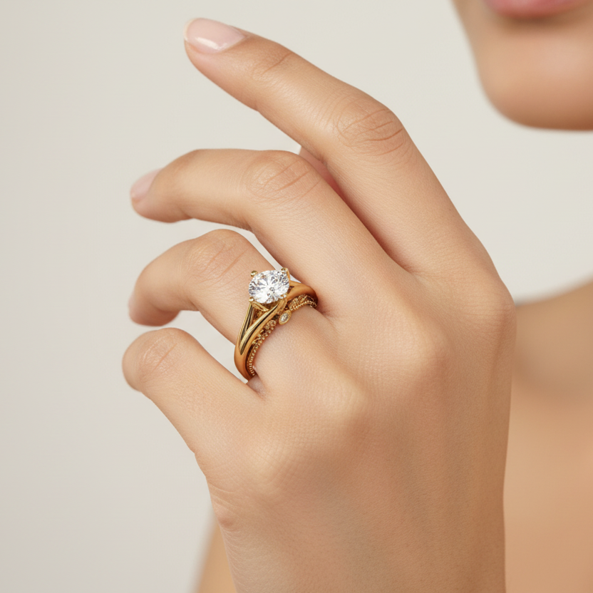 Generated image of an Indian female model wearing the yellow gold four-prong round brilliant solitaire ring with vintage milgrain beaded band and bezel-set diamond side stones