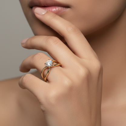 Generated image of an Indian female model wearing the yellow gold four-prong solitaire engagement ring with open criss-cross double band