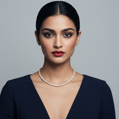 Generated image of an Indian female model wearing the yellow gold full diamond tennis necklace