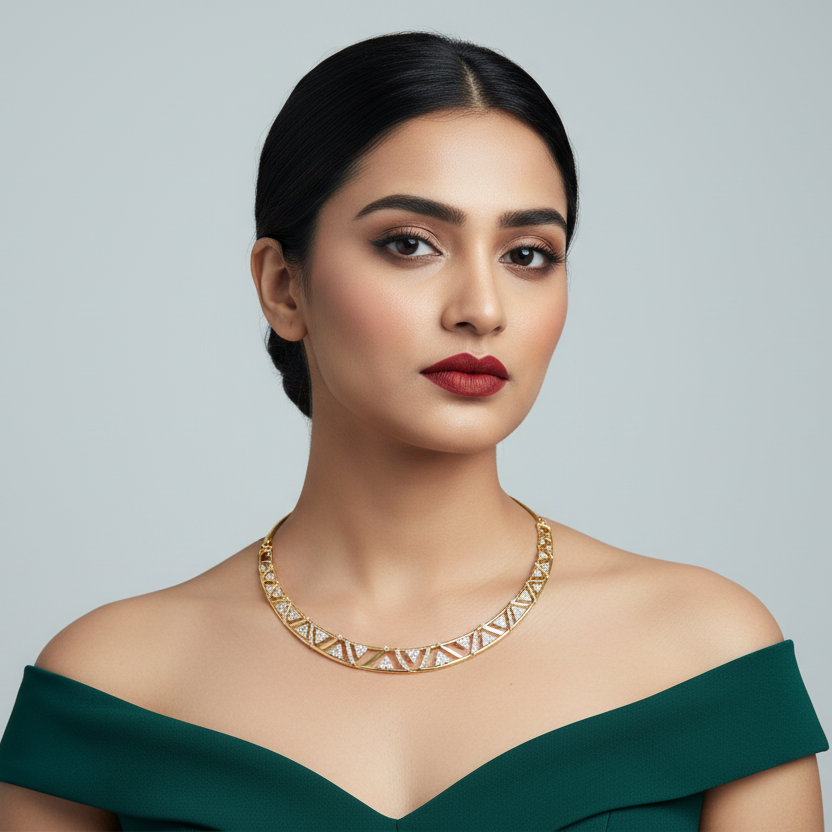 Generated image of an Indian female model wearing the yellow gold geometric Art Deco diamond pavé triangle collar necklace