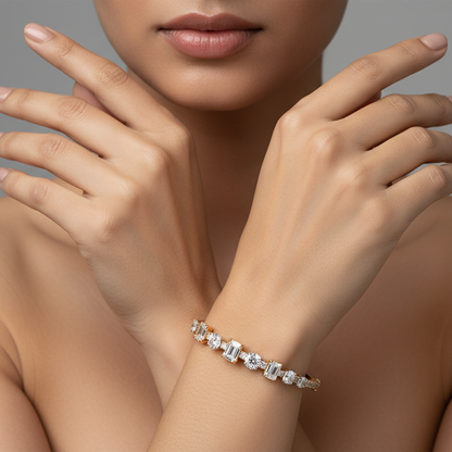 Generated image of an Indian female model wearing the yellow gold graduating mixed-cut emerald-cut and round brilliant diamond bangle bracelet