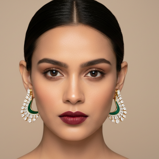 Generated image of an Indian female model wearing the yellow gold green enamel J-hoop earrings with graduating pear and round brilliant diamond fringe in a very small size