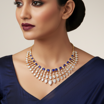 Generated image of an Indian female model wearing the yellow gold lapis lazuli and mixed-cut diamond graduating fringe necklace