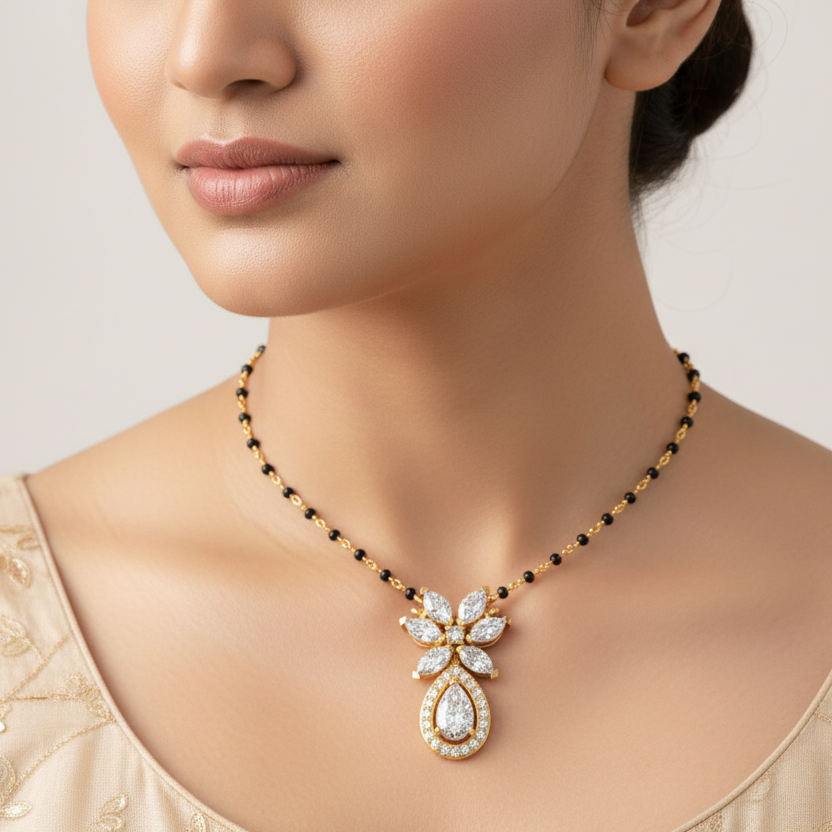 Generated image of an Indian female model wearing the yellow gold marquise and pear-cut diamond botanical cluster mangalsutra pendant necklace