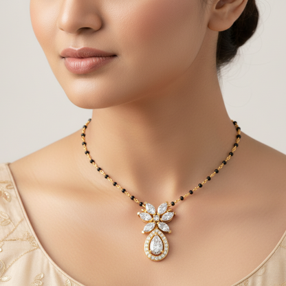 Generated image of an Indian female model wearing the yellow gold marquise and pear-cut diamond botanical cluster mangalsutra pendant necklace