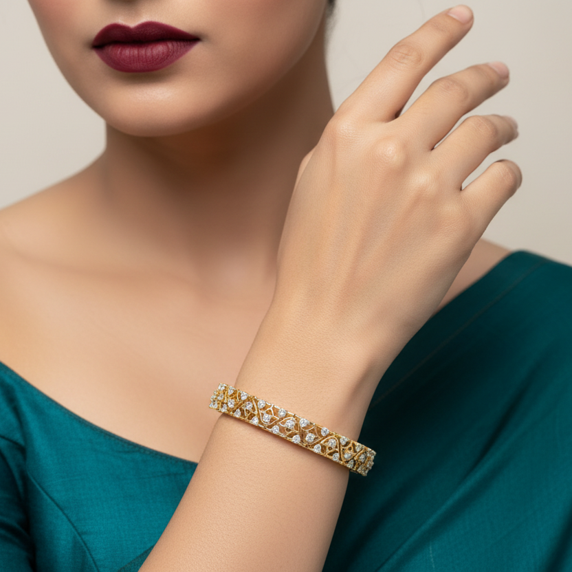 Generated image of an Indian female model wearing the yellow gold Mughal quatrefoil flower lattice bangle with floating round brilliant diamond stations and sparkling diamond rail edges