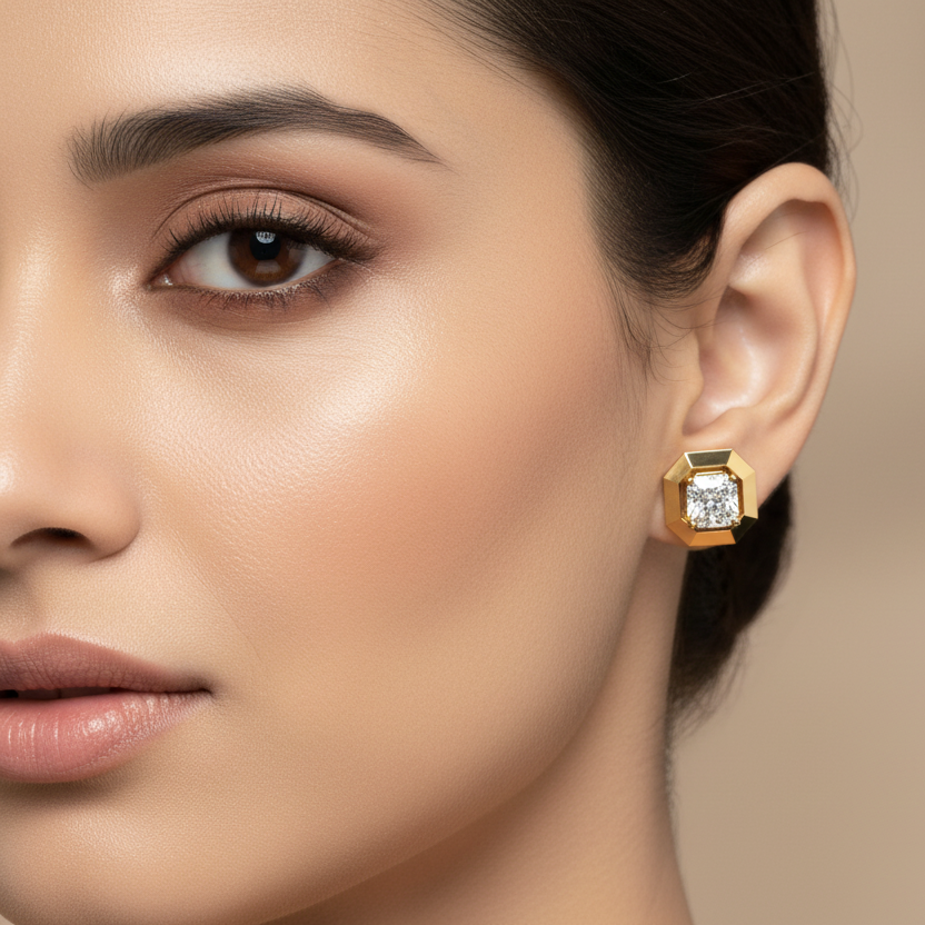 Generated image of an Indian female model wearing the yellow gold octagonal frame radiant-cut diamond solitaire stud earrings