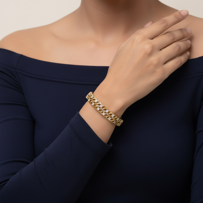 Generated image of an Indian female model wearing the yellow gold open diagonal wave lattice bangle with floating round brilliant diamond stations