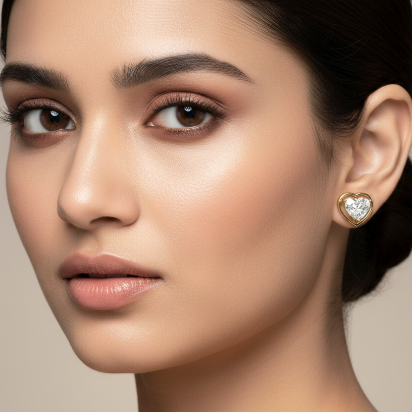 Generated image of an Indian female model wearing the yellow gold open heart frame heart-cut diamond solitaire stud earrings