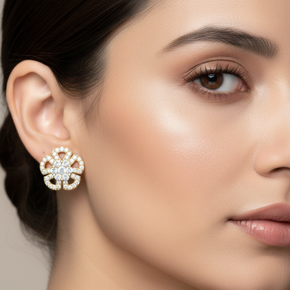 Generated image of an Indian female model wearing the yellow gold open pinwheel floral cluster diamond stud earrings