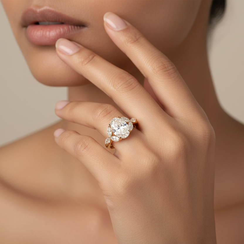 Generated image of an Indian female model wearing the yellow gold oval diamond centre with cascading marquise diamond cluster engagement ring