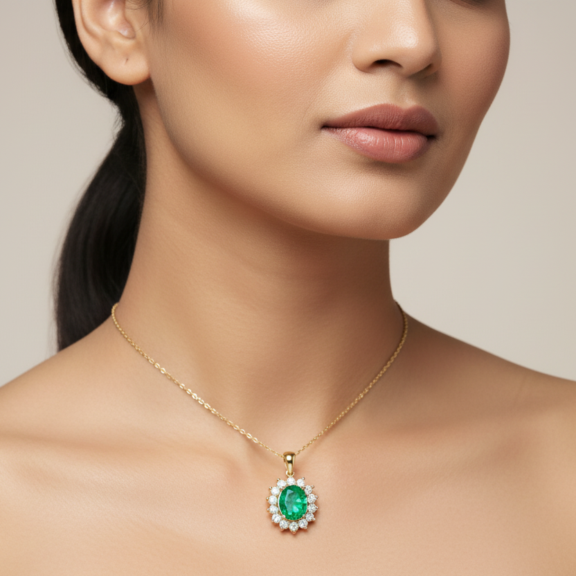 Generated image of an Indian female model wearing the yellow gold oval emerald and large diamond sunburst halo pendant