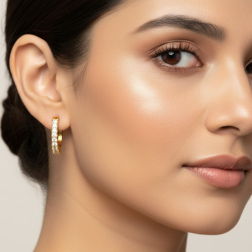 Generated image of an Indian female model wearing the yellow gold oval huggie hoop earrings with pavé diamonds