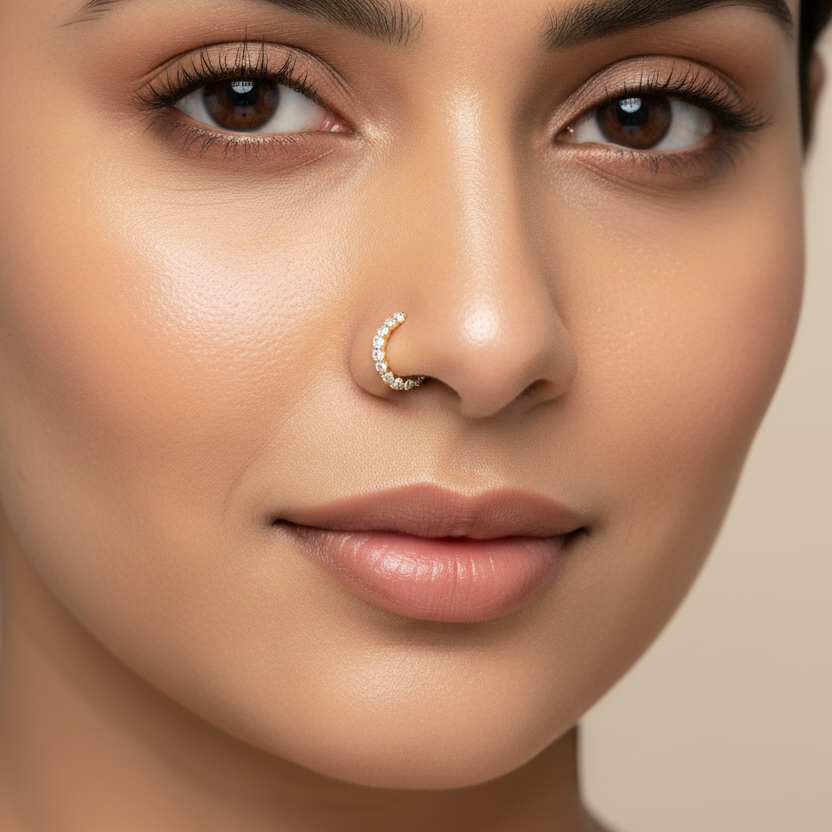 Generated image of an Indian female model wearing the yellow gold oval huggie hoop pavé diamond nose pin