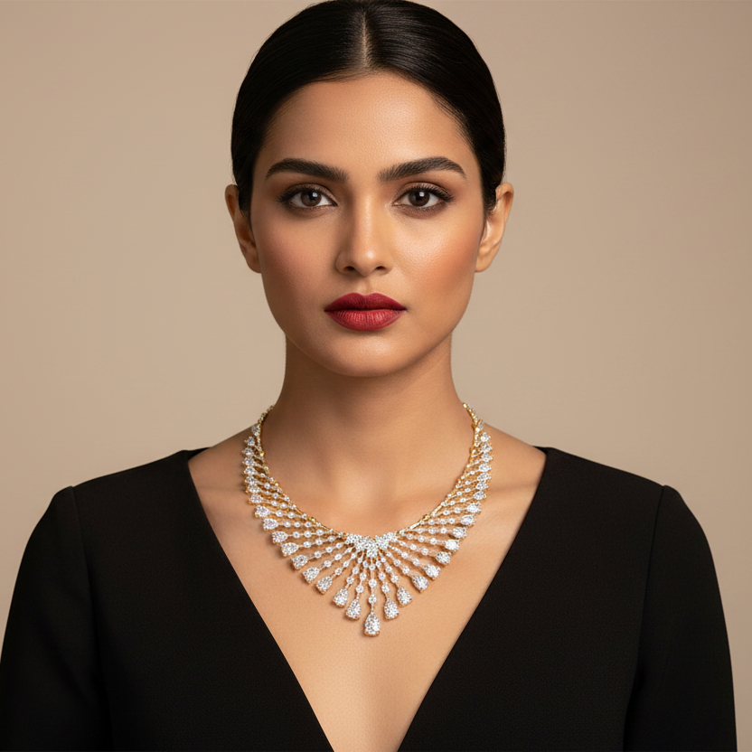 Generated image of an Indian female model wearing the yellow gold pear and round brilliant diamond graduating sunburst fringe necklace