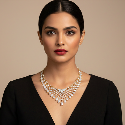 Generated image of an Indian female model wearing the yellow gold pear and round brilliant diamond graduating sunburst fringe necklace