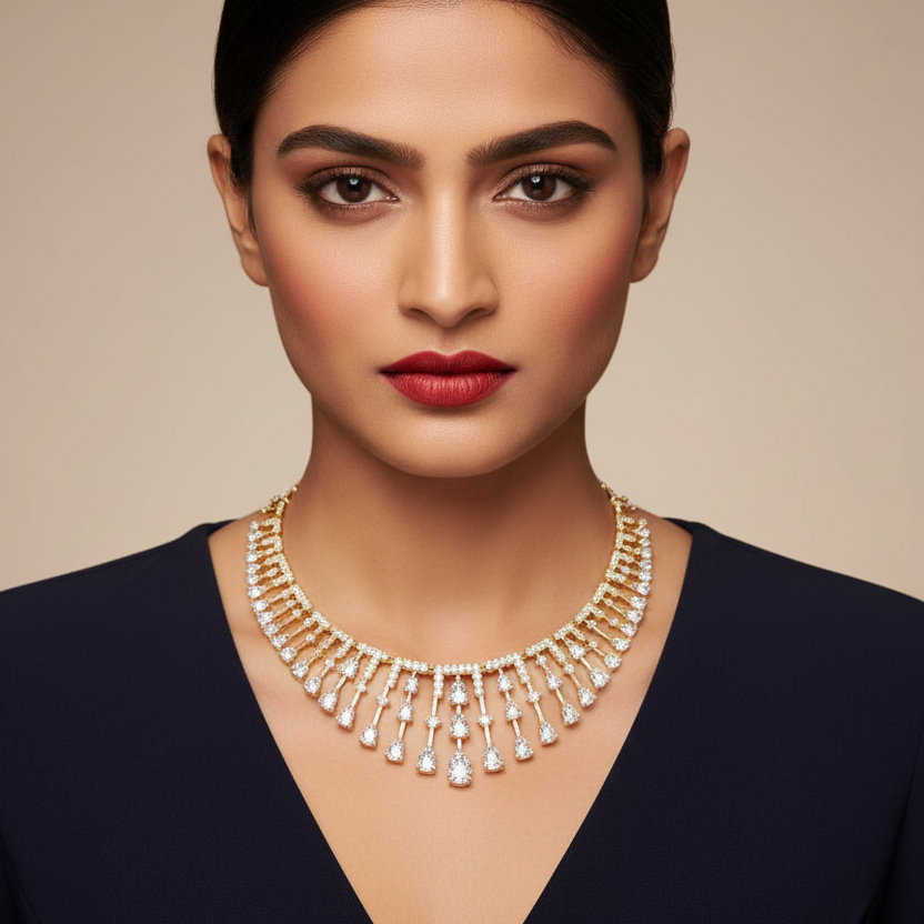 Generated image of an Indian female model wearing the yellow gold pear-cut diamond graduating fringe collar necklace with pavé diamond top bar