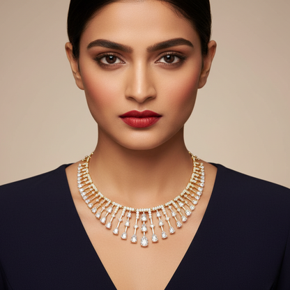 Generated image of an Indian female model wearing the yellow gold pear-cut diamond graduating fringe collar necklace with pavé diamond top bar