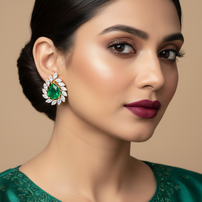 Generated image of an Indian female model wearing the yellow gold pear emerald and marquise diamond botanical fan cluster stud earrings in a very small petite size