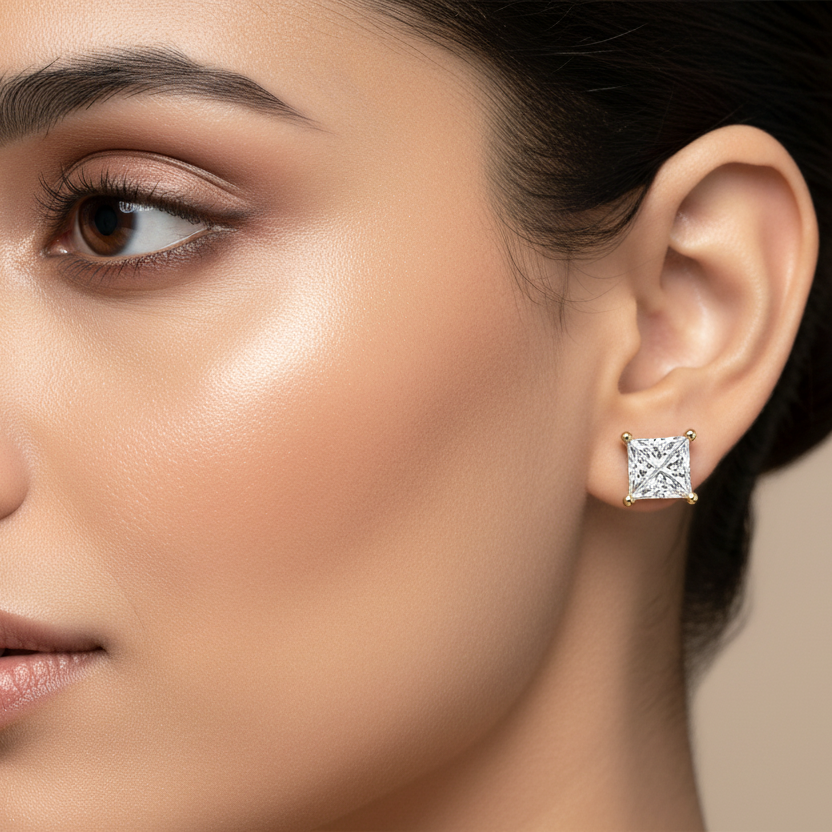 Generated image of an Indian female model wearing the yellow gold princess-cut diamond solitaire stud earrings