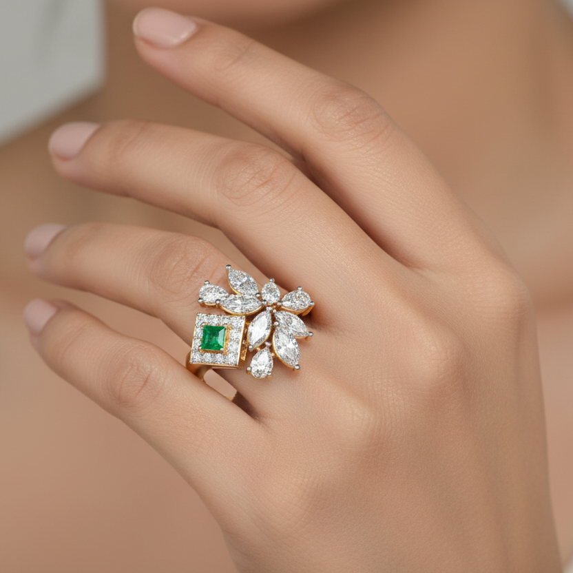 Generated image of an Indian female model wearing the yellow gold princess-cut emerald with pavé diamond halo and marquise diamond butterfly cluster cocktail ring